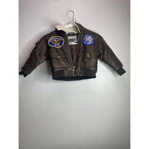 Kids Toddler Brown Faux Leather Bomber Jacket with Patches Us Army Apache